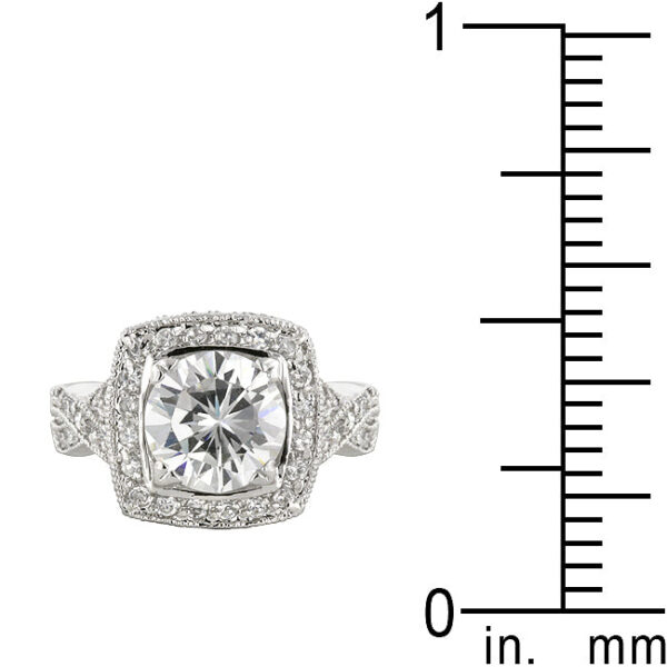 Rhodium plated over lead free alloy (brass) ring with pink round cubic zirconia and 3.74 ct total stone weight.