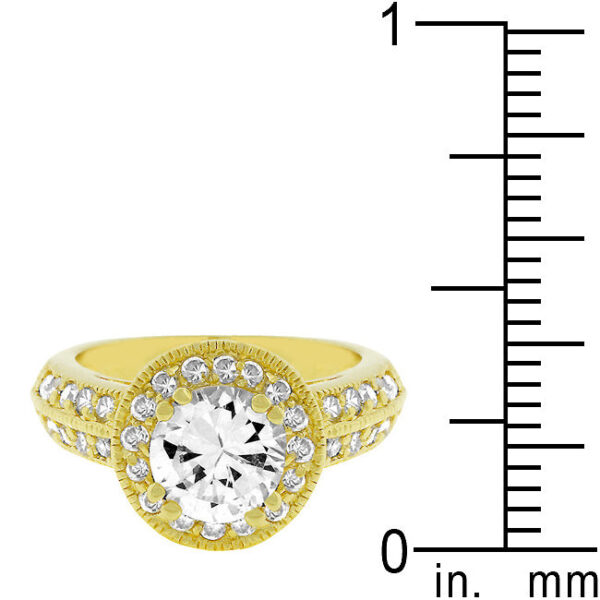 Clear round cubic zirconia ring with a 7.5 (mm) stone size and gold tone finish over lead free alloy (brass).