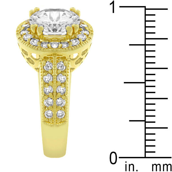 Pave halo crown design in gold tone finish over lead free alloy (brass), with clear channel-set cubic zirconia.