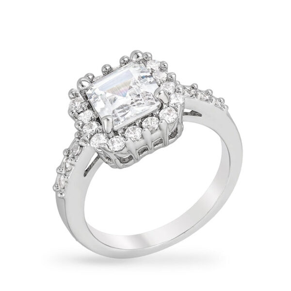 All Clear Asscher-cut and round cubic zirconia ring in a pave setting, rhodium plated over lead free alloy (brass).