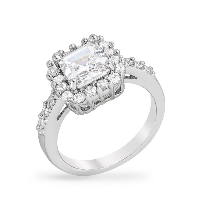All Clear Asscher-cut and round cubic zirconia ring in a pave setting, rhodium plated over lead free alloy (brass).