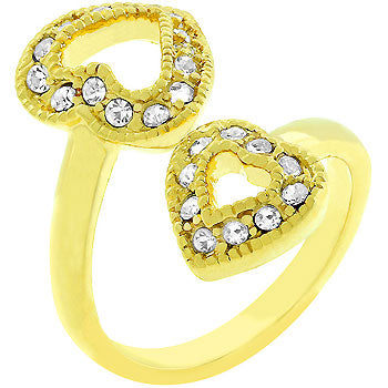 Dual-heart ring with round crystals in a pave setting and a gold tone finish.