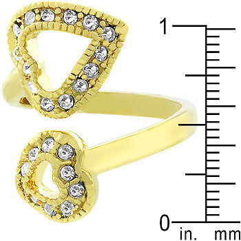 Dual heart motifs with pave-set round crystals and a gold tone finish.