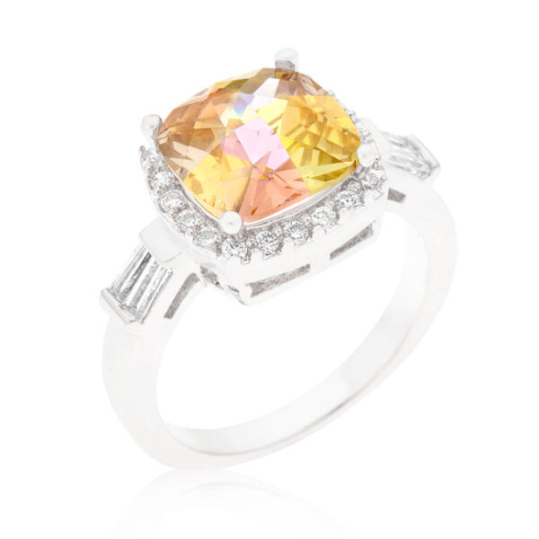 Cocktail ring with multi-faceted cubic zirconia in a bar setting, rhodium plated over lead free alloy (brass).
