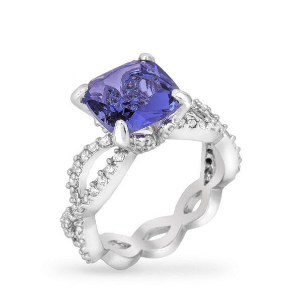 Pink cushion-cut cubic zirconia and tanzanite cocktail ring in rhodium plated over lead free alloy (brass)