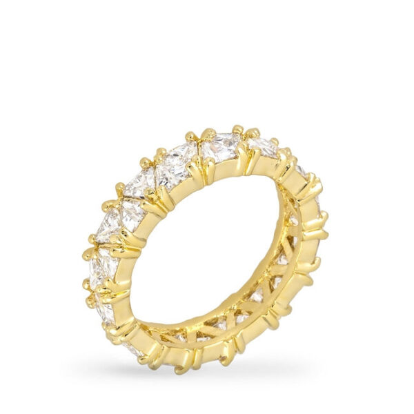 Trillion-cut cubic zirconia eternity ring in gold tone finish over lead free alloy (brass), with 5.9 ct total stone weight.