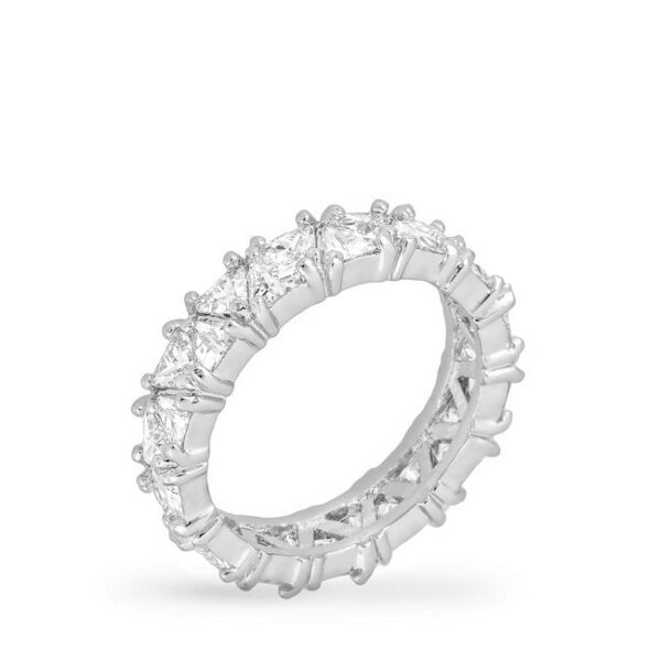 Pink trillion-cut cubic zirconia eternity band in rhodium plated over lead free alloy (brass).