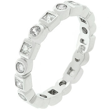 Clear princess-cut genuine cubic zirconia bezel band, rhodium plated over lead free alloy (brass).