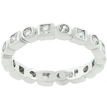 Rhodium plated over lead free alloy (brass) eternity stackable band with genuine clear princess-cut cubic zirconia in a bezel setting.