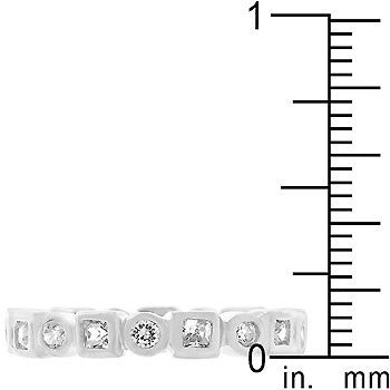 Genuine clear princess-cut cubic zirconia band in a bezel setting, rhodium plated over lead free alloy (brass).