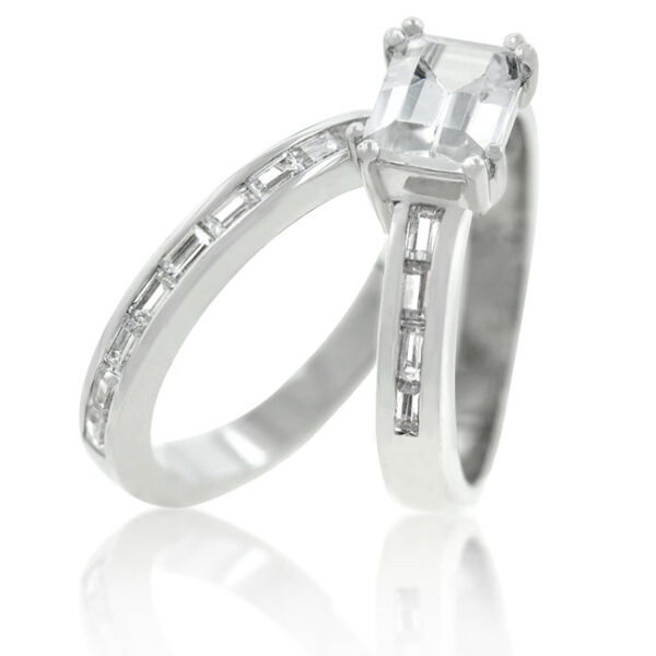 Green baguette cubic zirconia wedding ring set in rhodium plated over lead free alloy (brass)