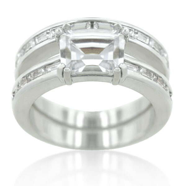 Baguette-cut green cubic zirconia ring set with a prong setting in rhodium plated over lead free alloy (brass)