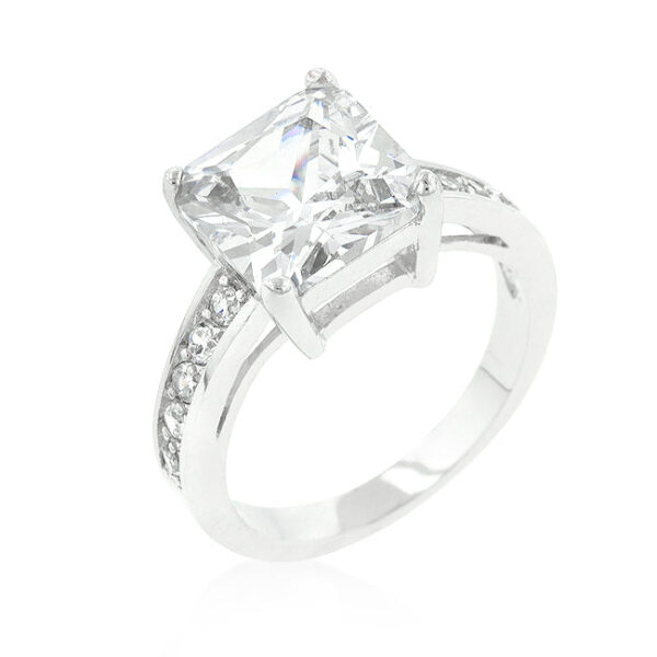 Princess-cut pave engagement ring with genuine cubic zirconia, 5.18 ct total stone weight, and rhodium plated over lead free alloy (brass).