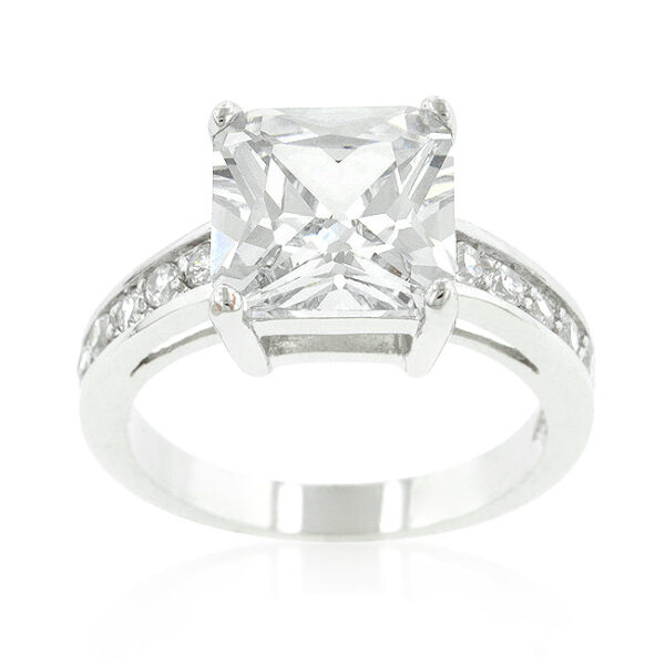 Classic raised pave bridal ring in rhodium plated over lead free alloy (brass) with genuine princess-cut cubic zirconia.