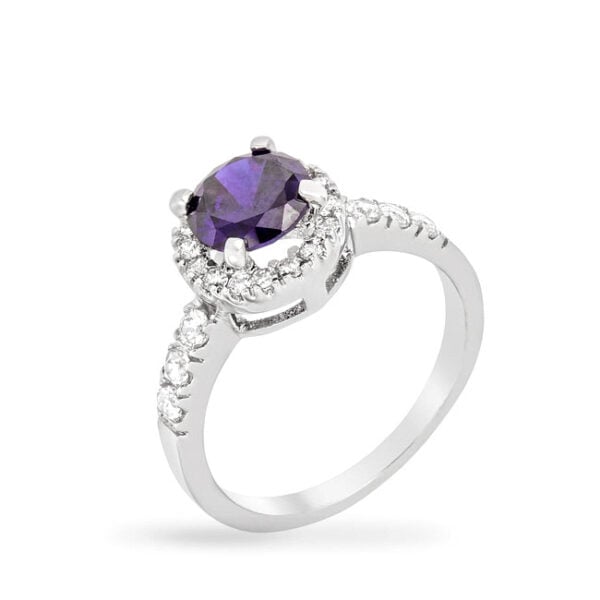 Rhodium plated over lead free alloy (brass) crown ring with round, genuine tanzanite-colored cubic zirconia in pave.