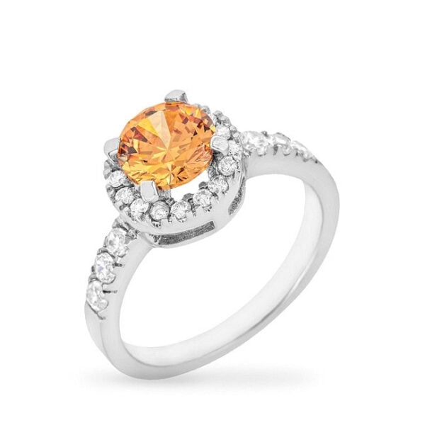 Champagne crown ring with round genuine cubic zirconia in pave, 1.94 ct total stone weight, rhodium plated over lead free alloy (brass).