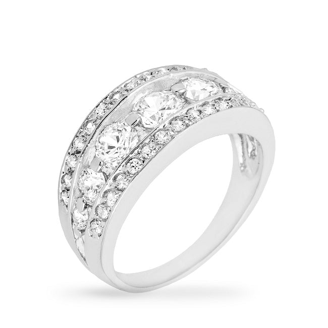 Tiered anniversary ring with clear, round genuine cubic zirconia in a pave setting, rhodium plated over lead free alloy (brass).