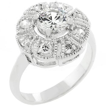 Antique-style ring with clear round cubic zirconia in a pave setting.