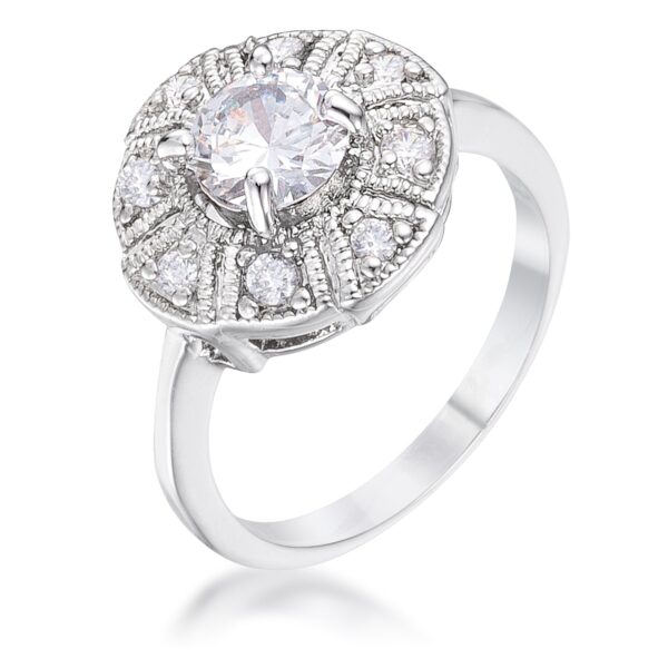 Clear round cubic zirconia pave ring, rhodium plated over lead free alloy (brass).