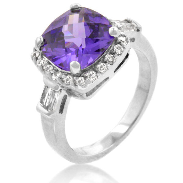 Contemporary ring in rhodium plated over lead free alloy (brass) with bar-set amethyst-colored cubic zirconia.