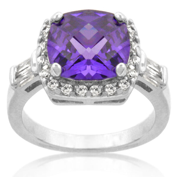 Amethyst-colored cubic zirconia ring, rhodium plated over lead free alloy (brass), with 5.05 ct total stone weight.