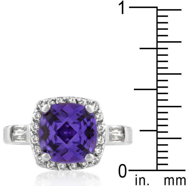Bar-set amethyst-colored cubic zirconia with faceted surfaces and baguette cuts on a rhodium-plated ring over lead-free alloy (brass).