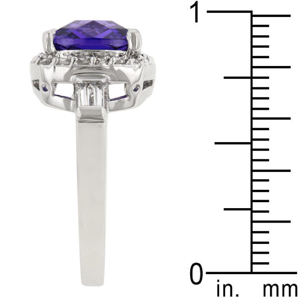 Contemporary midnight ring in rhodium plated over lead free alloy (brass) with amethyst-colored cubic zirconia.