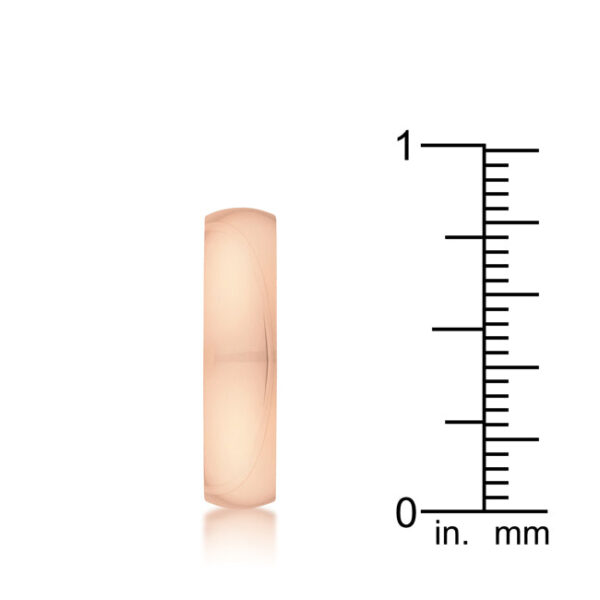 Wedding band measuring 5 (mm) wide with rose gold tone finish over 304l stainless steel.