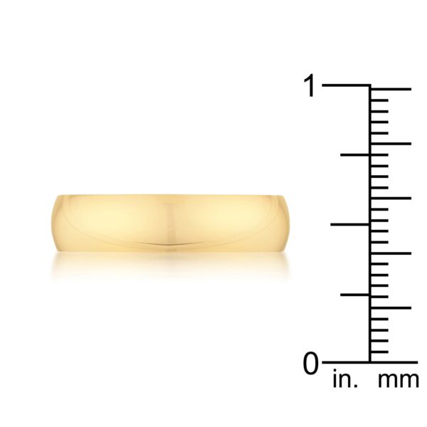 Gold tone finish over 34l stainless steel wedding band measuring 5 mm wide.