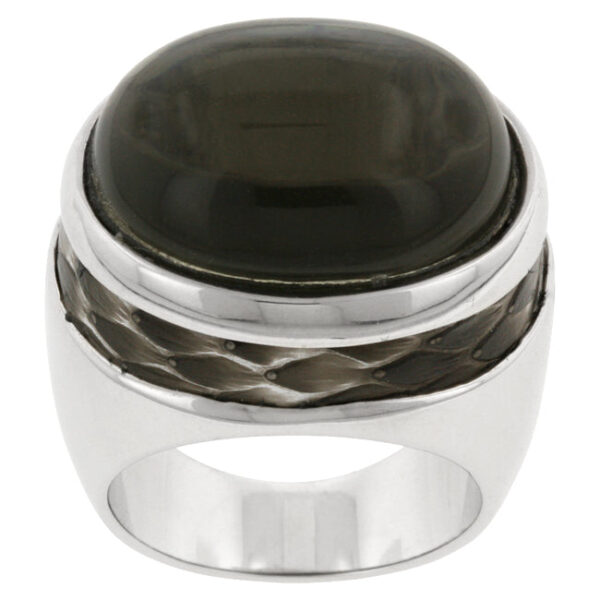 Snake motif ring with onyx, crystal, topaz, and rhodium plated over lead free alloy (brass).