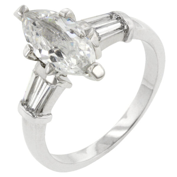 Marquise centerpiece ring in rhodium plated over lead free alloy (brass) with genuine cubic zirconia in prongs.
