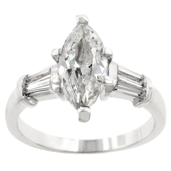 Genuine cubic zirconia ring with marquise and baguette cuts in a prong setting.