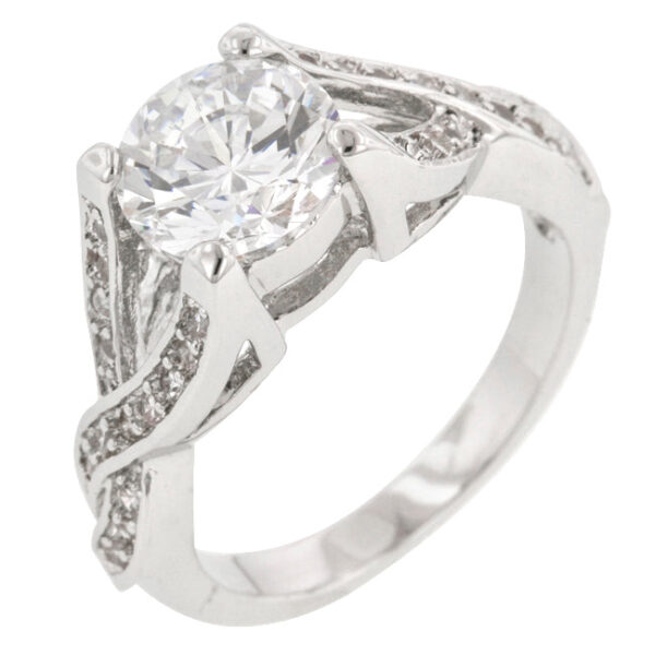 Twist engagement ring with round cubic zirconia in a pave setting, rhodium plated over lead free alloy (brass).