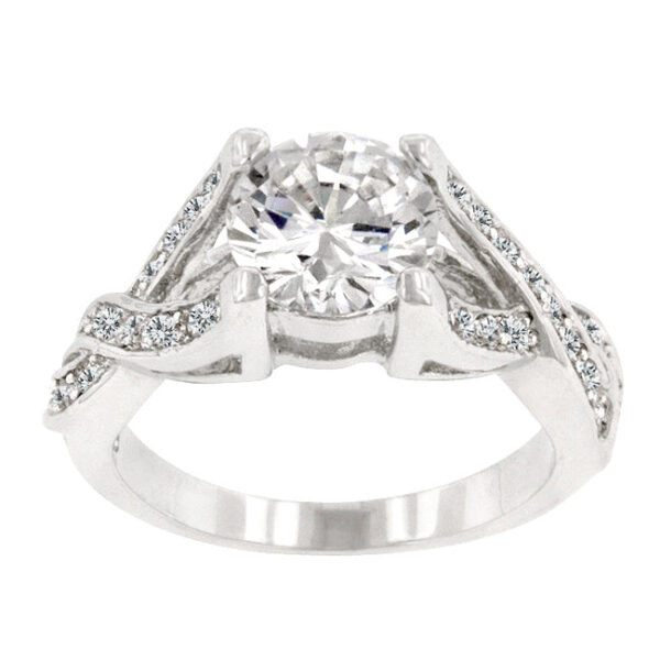 Round cubic zirconia twist ring with 4.5 ct total stone weight, rhodium plated over lead free alloy (brass).