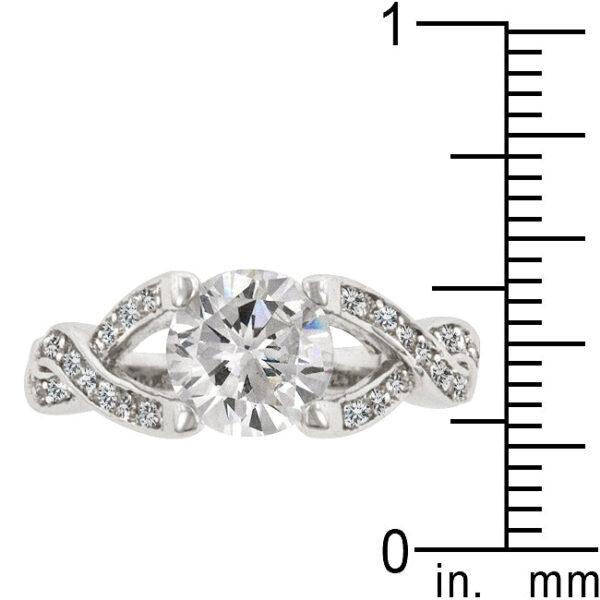Pave-set round cubic zirconia engagement ring with 1.6 Mm accent stones, rhodium plated over lead free alloy (brass).