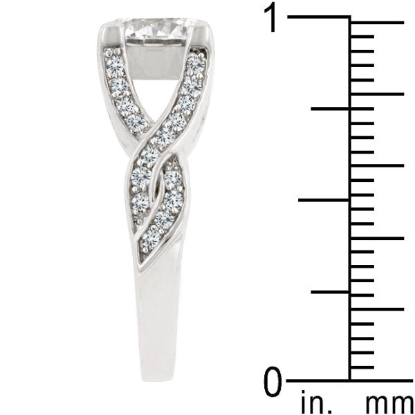 Twist design ring with round cubic zirconia in a pave setting, rhodium plated over lead free alloy (brass).