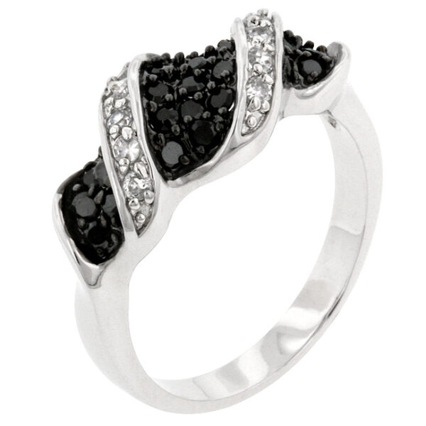 Swirl ring with round cubic zirconia in prongs and a silver tone finish.