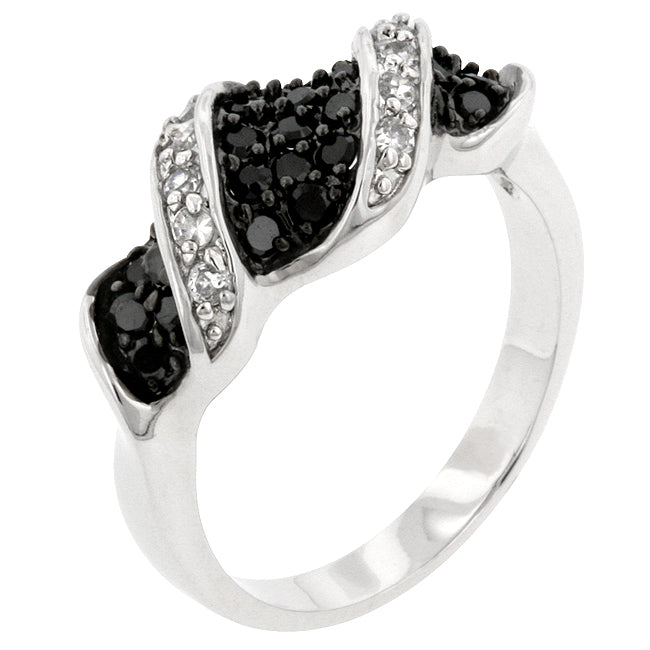 Swirl ring with round cubic zirconia in prongs and a silver tone finish.