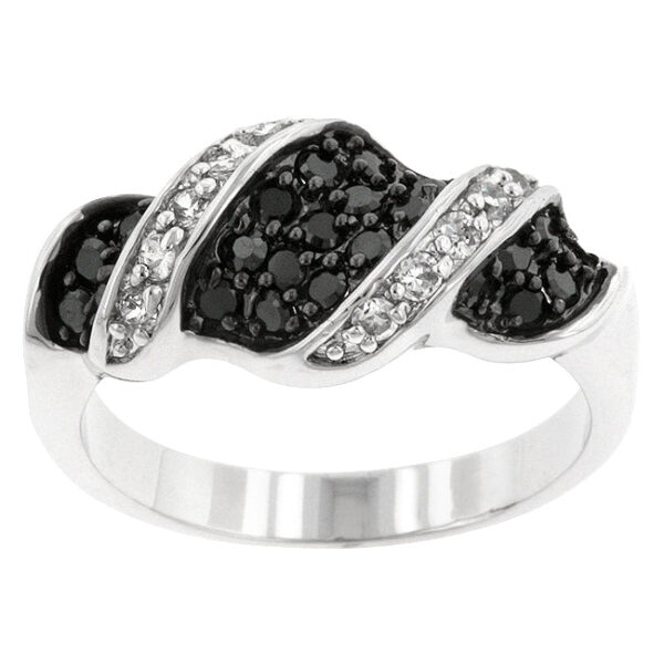 Contemporary swirl ring with round genuine cubic zirconia in prongs, finished in silver tone over lead free alloy (brass).