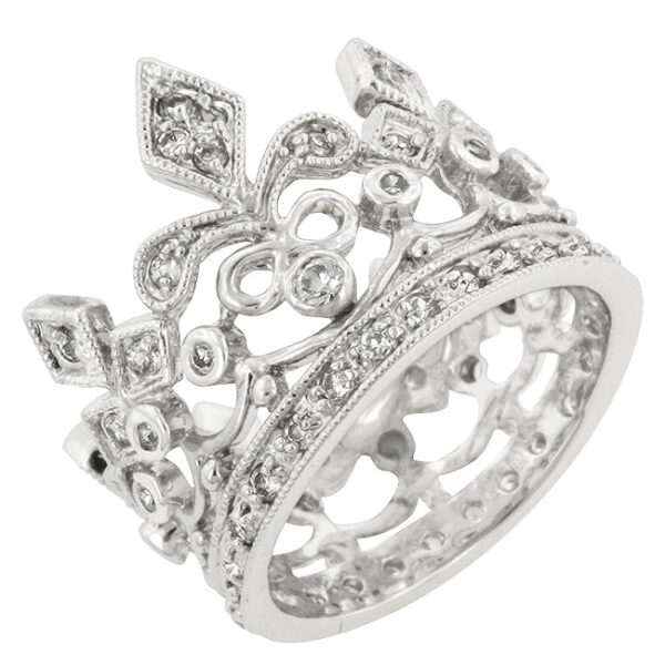 Crown eternity ring with genuine round cubic zirconia in a pave setting, rhodium plated over lead free alloy (brass).