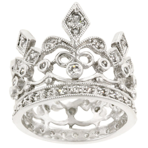 Baroque crown ring with round 1.6 Mm genuine cubic zirconia in a pave setting and rhodium plated over lead free alloy (brass).