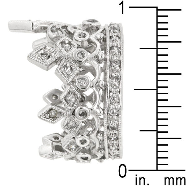 Crown eternity design in rhodium plated over lead free alloy (brass), set with round genuine cubic zirconia in pave.