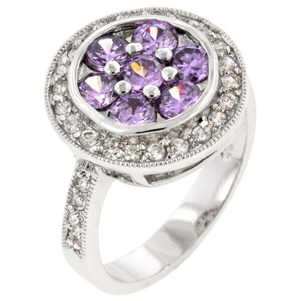 Purple lily ring with round amethyst-colored cubic zirconia in prongs and rhodium plated over lead free alloy (brass).