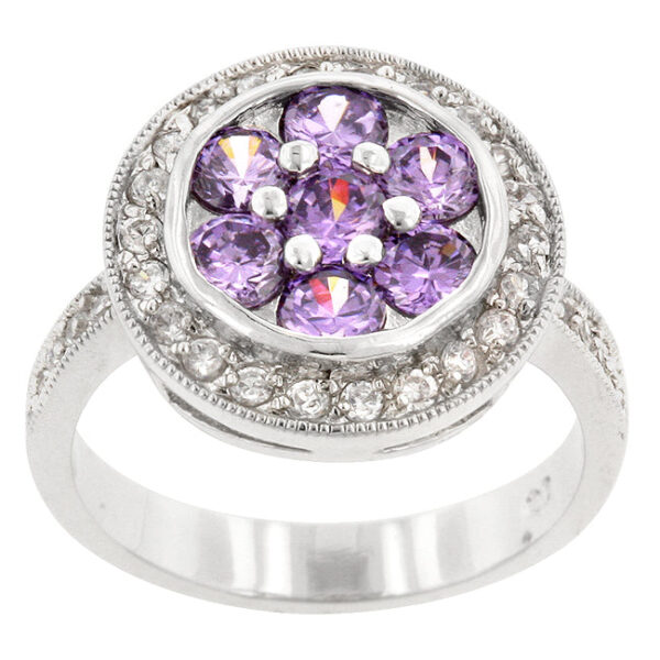 Contemporary purple lily ring in rhodium plated over lead free alloy (brass) with round amethyst-colored cubic zirconia.
