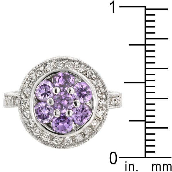 Round amethyst-colored cubic zirconia prong ring with 1.65 ct total stone weight and rhodium plated over lead free alloy (brass).