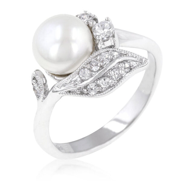 Floral ring with round cubic zirconia in prongs, 0.24 ct total stone weight, rhodium plated over lead free alloy (brass).