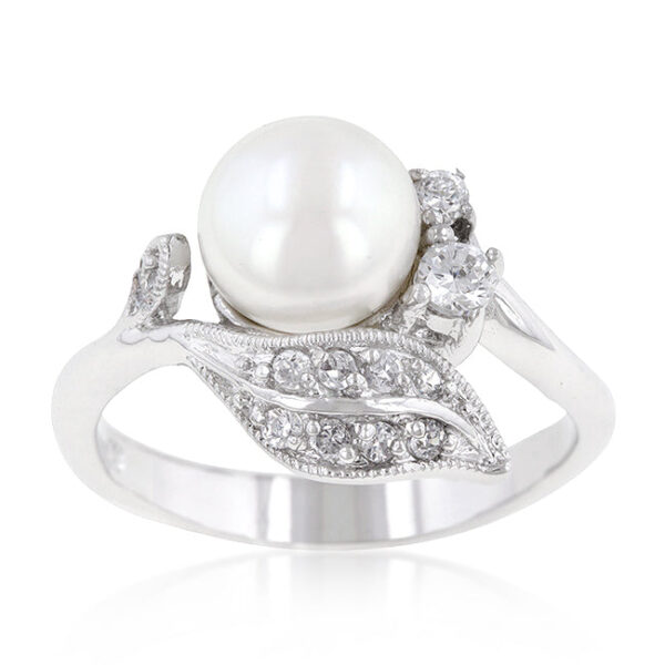 Floral rhodium plated over lead free alloy (brass) ring with round cubic zirconia in prongs.