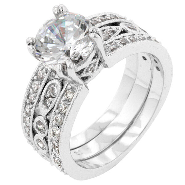 Round cubic zirconia engagement ring in a pave setting, rhodium plated over lead free alloy (brass)
