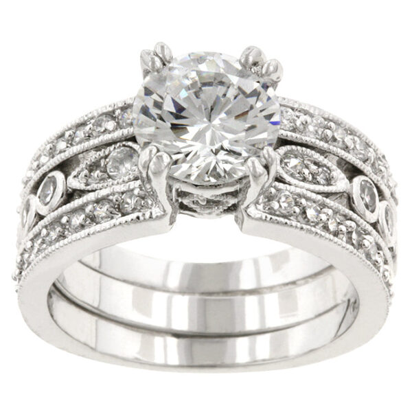 Engagement ring with round cubic zirconia, a pave setting, and 3.24 ct total stone weight.