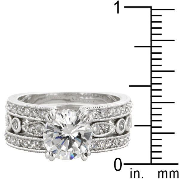 rhodium plated over lead free alloy (brass) ring with round cubic zirconia in a pave setting.